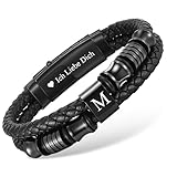 Armband Herren Lederarmband mit buchstaben - Schwarz Armbänder Leder mit Gravur A-Z Buchstabe Personalisierte Geschenke für Männer Jahrestag Geburtstag Vatertagsgeschenk für Papa Opa Sohn Bruder (M)