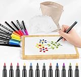 BLISSIQUEE T-Shirt Textilstifte Malset,12 Textilstifte Waschmaschinenfest Bambus Spannrahmen mit 10 Tier schablonen, Faltenfreies Bemalen für T-Shirts Stoffmalstifte Textilmarker Fabric Paint