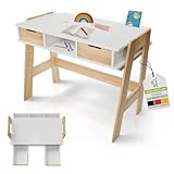 Juskys Kinderschreibtisch Fietje - Höhenverstellbarer Schreibtisch für Kinder, aus Holz, mit 2 Schubladen und viel Stauraum - Lerntisch in Weiß