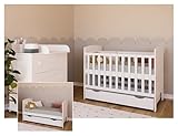 Kiki Design Gitterbett Babybett und Kinderbett mit Matratze, Schublade, Zahnschienen, 2 herausnehmbare Sprossen Holz und höhenverstellbar Weiß, umbaubar zum Juniorbett