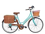 MADICKS Damen-Fahrrad Hollandrad Größe 26 Cityrad Vintage Retro mit Tiffany-Korb – Türkis mit Gangschaltung City Bike (Korb aus Weide und Taschen)