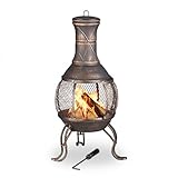 Relaxdays, Bronze Aztekenofen, Schürhaken, Holzrost, Funkenschutzgitter, Garten, Terrasse, antiker Feuerofen, Höhe 89 cm, Stahl, Guss, 10026554, Aztekenofen Antik mit Schürhaken