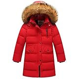 amropi Mädchen Daunenjacken mit Fell Kapuze Lang Winterjacke Kälteschutz Wasserabweisend Verdickte Daunenmantel (Rot,7-8Jahre)