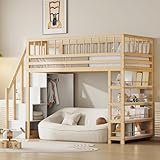 VSOGA Hochbett 90x200 cm mit Sicherheitsgeländer, Kleiderschrank, Regalen und Stauraum, multifunktionales Massivholzbett, Holzfarbe