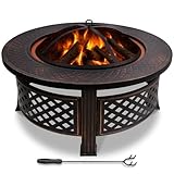 VOUNOT® Feuerschale Ø 81 cm mit Funkenschutz und Schürhaken Metall Feuerkorb Feuerstelle für den Garten, Terrasse, Heizung und Camping, Schwarz