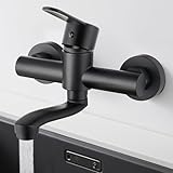 Wasserhahn Wandmontage, 360° Drehbare Edelstahl Wasserhahn Küche Wandarmatur, Kalt und Heiß Einhebelmischer Küchenarmatur Wandmontage, Mischbatterie Küche für Wandmontage, Schwenkarm 15cm, Schwarz