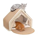 CAIEJSAEN Katzenhaus Katzenzelt Sisal Kratzbrett weiches und warmes Katzenhaus 2-in-1 Holz Katzenzelt Drinnen Kratzbrett Katze Katzenhöhle für Zwei Katzen mit waschbaren Kissen