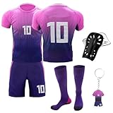 Fußballtrikot für Kinder, Nr.8/Nr.10 Kinder Fußball Trikot Set, Auswärts Fußballtrikot für Kinder mit Trikot, Shorts, Socken, Knieschoner und Schlüsselanhänger für Kinder und Jugendliche