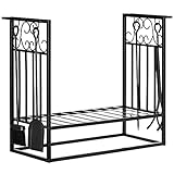 HOMCOM Kaminholzständer mit Kaminbesteck, Brennholzregal, Feuerholzablage, Kaminwerkzeug, Stahl Schwarz 75 x 30 x 60 cm