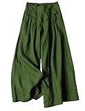Hooever Damen Baumwolle Leinen Culottes Hose Elastische Taille Weites Bein Palazzo Hose Caprihose, Army Grün, Groß