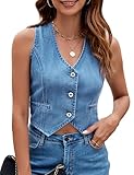 FEOYA Jeansweste Damen Ärmellos Weste Denim Gilet V Ausschnitt Knopfleiste Verwaschene Jean Vest Crop Top Streetwear Hellblau M