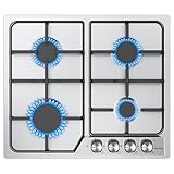 Gaskochfeld 4 Flammig, IsEasy Edelstahl Gaskochfeld mit Automatischer Thermoelementschutz, Einbau Kochfeld Edelstahl 4 Zonen Gaskocher, Erdgas/Propangas, Impulszündung, 59cm, 7200W, 220-240V