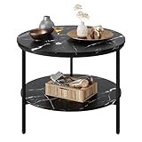 WLIVE Couchtisch Rund, Wohnzimmertisch Holz mit 2 Ebenen, Sofatisch mit viel Stauraum, für Wohnzimmer, Schlafzimmer, Modern Design, Marmor Schwarz