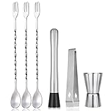 Professioneller Getränkemixer, Mixer-Stößel aus Edelstahl, Rührlöffel,Mixer-Toolkit zum Debuggen köstlicher Cocktails,Getränke und Säfte, 3 Stück Cocktaillöffel Barlöffel, Messbecher, Eine Eiszange