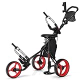 GOPLUS 3-Rad Trolley, Golftrolley mit Scoreboard, Klappbares Golfwagen mit abnehmbarem Sitz und großer Aufbewahrungstasche, Golfcart mit Fußbremse, Schiebenwagen Trolley für Golf, Metall, Rot