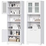 BEWISHOME Hoher Badezimmerschrank,Badschrank,Badezimmermöbel mit Verstellbare Ablagen, Mehrzweckschrank mit Glastür und offenem Fach,für Badezimmer/Wohnzimmer/Küche, Weiß, 40 * 60 * 180cm EYYG04W