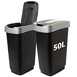 SUSTANIA Duo Mülleimer Küche 2 Fächer 50L - Geruchsdicht Doppel Abfalleimer mit Schwingdeckel 2x50 Liter Groß, 60x45x34 cm, Robust Recycelbarer Kunststoff, Schwarz/Silber, Made in EU