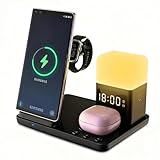 6 in 1 Induktive Ladestation,15W Wireless Charger mit Wecker und Nachtlicht, Kabelloses Ladegerät kompatibel mit Samsung GalaxyS25/24/Galaxy Buds3/Galaxy Watch, iPhone 16/15/AirPods4/3