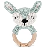 GRAVURZEILE Gravierter Beißring aus Holz - Reh Blau - Personalisiert mit Name - Geschenk für Baby zur Geburt - Stofftier aus Baumwolle - Babyrassel - Taufgeschenk für Neugeborene Jungen & Mädchen