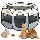 Welpenauslauf 74x74x43cm, BRIMOREA Katzenkäfig Hundekäfig für zuhause, Wurfkiste Wurfbox für Katzen Kaninchenstall innen Katzengehege Balkon Katzenkäfig für Draußen Kaninchengehege(Graue Katze)