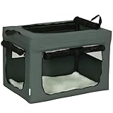 Faltbare Transportbox für Katzen und Hunde bis 4kg mit 3 Eingängen, weichem Innenkissen, atmungsaktivem Netz und Stahlrahmen für Reisen, Tierarztbesuche, Auto, Zuhause als Schlafplatz