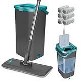 Masthome Wischmopp Set mit Eimer, Putzeimer mit Wischmop mit 6 Wischpads,Bodenwischer mit Auswringfunktion,Flachmopp und Putzeimer Set für Bodenreinigung Hartholz, Fliesen, Laminat - Grau+Blau