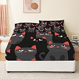 Spannbetttuch 140 x 190 cm Bedruckte Grau Bettwäsche-Sets für Teenager Spannbetttuch Cartoon-Schwarze Katze mit roten Ohren Thema Bettwäsche Dekor Warmes Weiches Atmungsaktives Spannbetttuch