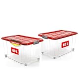 BigDean 2 Stück 60 L Aufbewahrungsbox mit Deckel groß rot - stapelbare robuste Box - rollbare Stapelbox mit festen Klickverschlüssen - Made in Germany