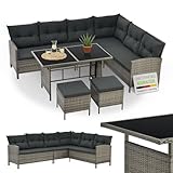 Juskys Polyrattan Lounge Manacor mit Ecksofa, Esstisch, 2 Hocker & Kissen - wetterfest bis 7 Personen - Bezüge waschbar - Rattan Garten Sitzgruppe Gartenlounge Gartenmöbel Set - Grau-meliert