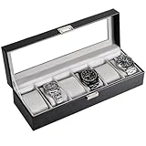 ProCase Uhrenbox mit 6 Fächern, Uhrenkasten mit Glasdeckel, Uhrenkoffer mit Uhrenkissen, Uhrenaufbewahrung, Premium-Uhrenschatulle, PU-Leder Uhrenkasten, Watch Box für Herren - 6 Fächer, Schwarz