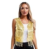 Sywiyi Damen Pailletten Weste Kurz Ärmellos Jacke Waistcoat Fransenweste Oberteil Mottoparty Disco Hippe Kostüm Gold L