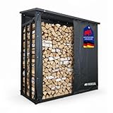 PROREGAL Kaminholzregal DRAGON außen Metall mit Dach Abdeckung & Handschuhe 185x185x70cm Schwarz wetterfest Holzunterstand Kaminholzlager Stahl Brennholzregal Outdoor Holzstapelhilfe mit Plane