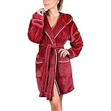 Kapuzen-Bademäntel für Damen – flauschiger, superweicher langärmeliger Bademantel, Übergröße, einfarbig, Damen-Nachtwäsche mit Gürtel, Frottee-Morgenmantel, bequemes langes Nachthemd, wein, M