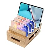 Ladestation für Mehrere Geräte, Holz Ladestation,6 Fächer Desktop Handy Docking Holder USB Ladestation Zubehör Docking Holder Kompatibel Dockingstationen Kompatibel mit Telefon, Tablet, Uhr, Ohrhörern