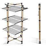 VOUNOT Wäscheständer Turm 3 Ebenen, Turmwäscheständer Klappbar Platzsparend, Standtrockner Wäscheturm Wäschetrockner mit 4 Rollen & 6 Faltbaren Flügeln, 25m Leinenlänge, in Holz Imitiert, Schwarz