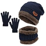 Durio Kinder Mütze Schlauchschal Handschuhe Mütze Set Wintermütze mit Fleece Gefütterte Strickset für Jungen und Mädchen Navy Blau Einheitsgröße