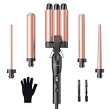 Lockenstab Set 3 Fässer Welleneisen Mehrere Temperatureinstellungen - BESTOPE PRO Lockenstäbe mit LED-Anzeige 5 in 1 für großer Wellen Schnellaufheizung mit einem Handschuh, 2 Clips,Rose Gold 5 in 1