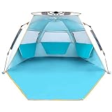 WolfWise Strandmuschel UV-Schutz 50+, 3-4 Personen Strandzelt mit Quick-Up-System, Sonnenschutz Windschutz mit erweiterbarem Boden Sonnenzelt Automatik Tragbar für Familie Camping Garten Strand Blau