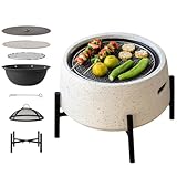 Terrassen-Feuerstelle, 45,7 cm kleine Lagerfeuerstelle, helle runde Holzkohle-Feuerstelle, mit Grillgitter, Kohlengitter, Kohlebecken, Netzabdeckung, Tischdeckel, Feuergabel, für Grill, Lagerfeuer