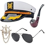 ERDOGLY Kapitänsmütze für Männer Frauen, Matrosenhut Kostümzubehör mit Kapitänsrequisite & Flieger-Sonnenbrille, Marine Yacht Boot Mütze Schiff Rock Party Verkleidung Geschenke