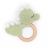 Greifling personalisiert mit Namen - Holz Beißring Baby gehäkelte Tiere - Babyrassel - Babygeschenke zur Geburt für Mädchen/Jungen - Baby Erstausstattung Neugeborene (Dino)