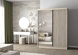 Easy4You Lami III Sonoma/Weiss Schiebetürenschrank Kleiderschrank 150x200x61 cm mit Spiegel - Schlafzimmermöbel, Aufbewahrung – Mehrzweckschrank mit Kleiderstange und Lamellen