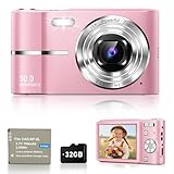 Digitalkamera 50MP Fotokamera 1080P Videokamera mit 16X Digitalzoom, 2,4' Bildschirm Vlogging Kamera Fotoapparat Mini Kompaktkamera für Kinder Teenager, 32G Karte (Rosa)