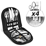 [23-teiliges 4 Personen] Camping Geschirr Set – Besteckset mit Edelstahl Gabeln, Messer und Löffel. Inklusive Bestecktasche – Tragbares Besteck für Outdoor, Picknick und Grillen. (Enthält 4 Teelöffel)