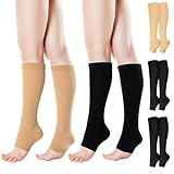 Stützstrümpfe mit offenem Zehenbereich für Reisen & Arbeit – Kompressionssocken, Kompressionssocken für Damen und Herren, 3 Einfarbig (Schwarz + Hautton), XXL Plus