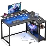 Mondeer Gaming Tisch L Form mit LED, 120 x 90 cm Reversibel Schreibtisch mit 2 Steckdosen und 2 USB Ladeanschluss, Eckschreibtisch mit Regal & Haken, für Büro Heimbüro, Carbon Schwarz