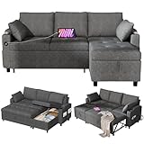 YODOLLA Schlafsofa mit Bettkasten, 200cm Breit Umschaltbare Chaiselongue Schlafsessel mit USB-Ports & Tassenhalter, Ausziehsofa für Wohnzimmer & Wohnung, Grau