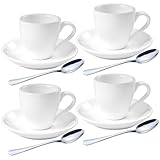 homEdge Espressotassen-Set aus Porzellan mit Untertassen und Löffeln, 80 ml, Weiß, 4 Stück