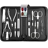 marQus Solingen Maniküre Pediküre Set - 12 Teile in Echt Leder Etui handlich und weich - Komplett Kit mit allem für die Hand- und Fußpflege, Nagelset Schwarz