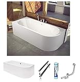 ECOLAM® Badewanne Avita 160x75 cm Schürze | Wanne für Zwei Personen | Eckwanne Modern Design | Eckbadewanne links + Ablaufgarnitur Ab- und Überlauf Automatik Füße + Silikon Komplett-Set Acryl weiß